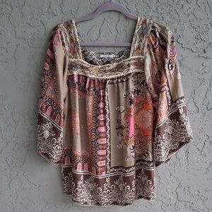 Johnny Was Brown and Orange Smocked 3/4 Sleeve Blouse